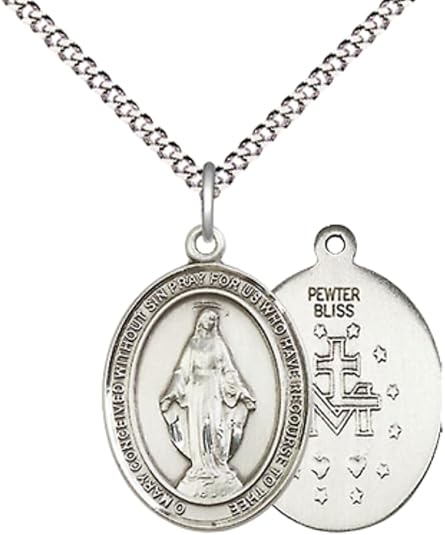 Everlasting Light Jewelry Medium Women's Pewter Miraculous Medal Pendant Necklace on 18- inch Rhodium- Plated Lite Curb Brass Chain – Miraculous Pendant Necklace, Catholic Medal – Velvet Gift Box Included