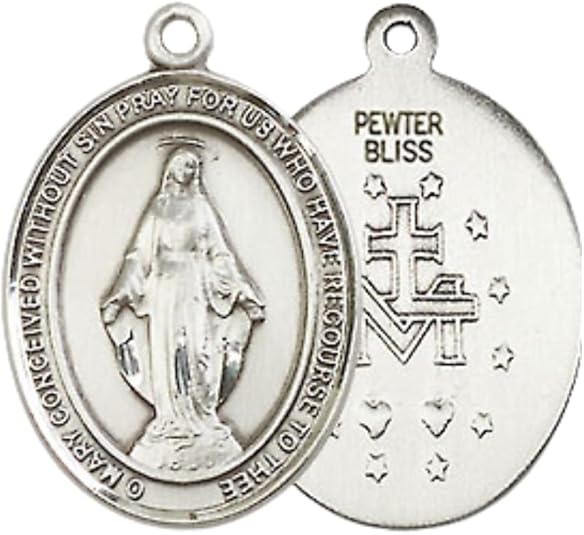 Everlasting Light Jewelry Medium Men's Pewter Miraculous Medal Pendant on 24 Inch Endless Rhodium Plated Heavy Curb Brass Chain, Catholic Religious Necklace - Made in USA- Deluxe Velvet Gift Box