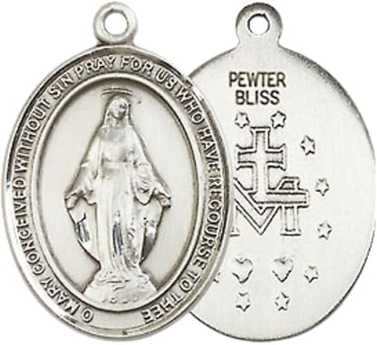 Everlasting Light Jewelry Medium Men's Pewter Miraculous Medal Pendant on 24 Inch Endless Rhodium Plated Heavy Curb Brass Chain, Catholic Religious Necklace - Made in USA- Deluxe Velvet Gift Box