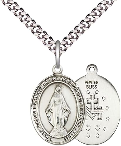 Everlasting Light Jewelry Medium Men's Pewter Miraculous Medal Pendant on 24 Inch Endless Rhodium Plated Heavy Curb Brass Chain, Catholic Religious Necklace - Made in USA- Deluxe Velvet Gift Box
