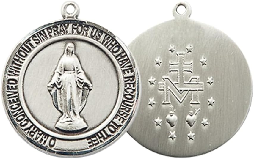 Medium Women's Pewter Miraculous Medal Pendant on 18 Inch Rhodium Plated Lite Curb Brass Chain w/Lobster Claw clasp, Catholic Religious Necklace - Made in USA - Deluxe Velvet Gift Box