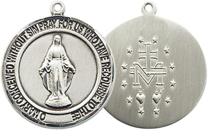 Medium Women's Pewter Miraculous Medal Pendant on 18 Inch Rhodium Plated Lite Curb Brass Chain w/Lobster Claw clasp, Catholic Religious Necklace - Made in USA - Deluxe Velvet Gift Box
