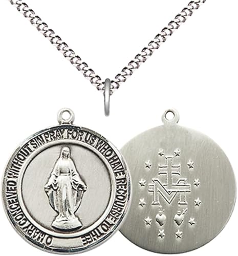Medium Women's Pewter Miraculous Medal Pendant on 18 Inch Rhodium Plated Lite Curb Brass Chain w/Lobster Claw clasp, Catholic Religious Necklace - Made in USA - Deluxe Velvet Gift Box