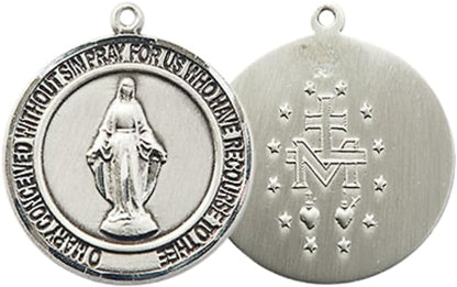 Mens Medium Round Pewter Miraculous Medal Pendant on 24 Inch Rhodium Plated Heavy Curb Brass Chain with Lobster Claw Clasp, Catholic Religious Necklace - Made in USA- Deluxe Velvet Gift Box