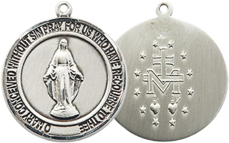 Everlasting Light Jewelry Medium Men's Pewter Miraculous Medal Pendant on 24 Inch Endless Rhodium Plated Heavy Curb Brass Chain,Catholic Religious Necklace -Made in USA- Deluxe Velvet Gift Box