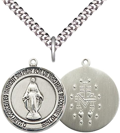 Everlasting Light Jewelry Medium Men's Pewter Miraculous Medal Pendant on 24 Inch Endless Rhodium Plated Heavy Curb Brass Chain,Catholic Religious Necklace -Made in USA- Deluxe Velvet Gift Box