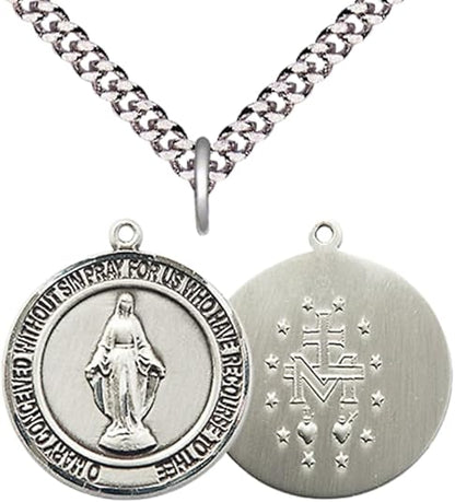 Mens Medium Round Pewter Miraculous Medal Pendant on 24 Inch Rhodium Plated Heavy Curb Brass Chain with Lobster Claw Clasp, Catholic Religious Necklace - Made in USA- Deluxe Velvet Gift Box