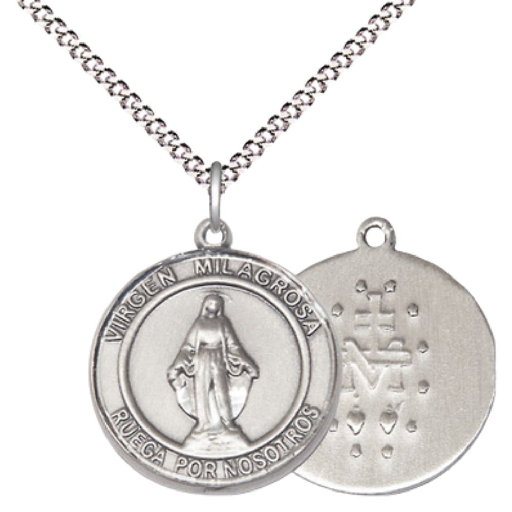 Everlasting Light Jewelry Medium Women's .925 Sterling Silver Virgen Milagrosa Pendant Necklace – ¾” x ?” Medal on 18 Inch Rhodium- Plated Lite Curb Brass Chain with Lobster Claw Clasp, Catholic Medal – Velvet Gift Box