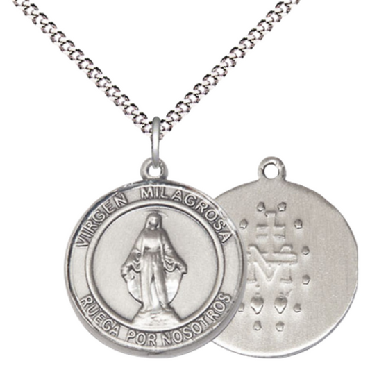 Everlasting Light Jewelry Medium Women's .925 Sterling Silver Virgen Milagrosa Pendant Necklace – ¾” x ?” Medal on 18 Inch Rhodium- Plated Lite Curb Brass Chain with Lobster Claw Clasp, Catholic Medal – Velvet Gift Box