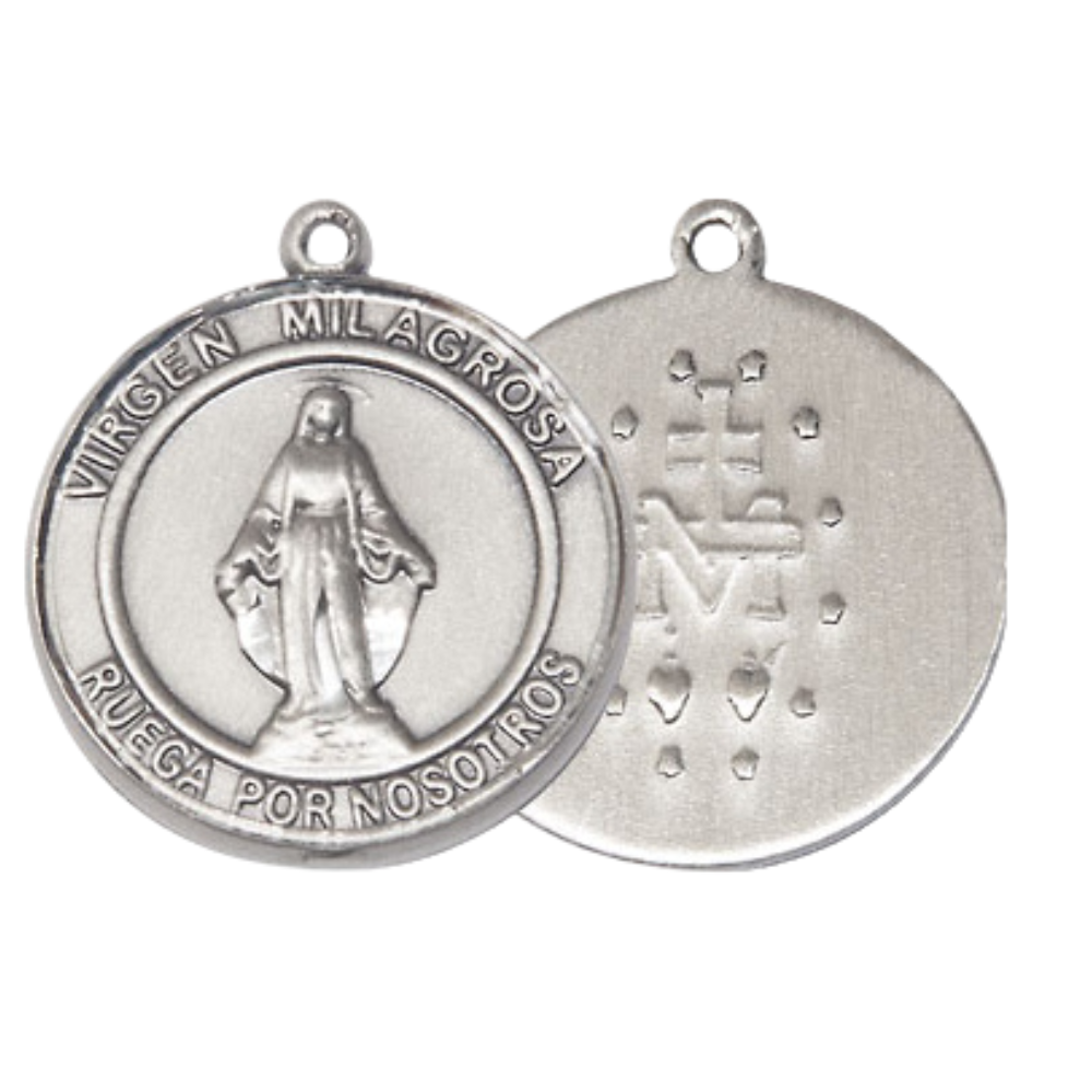 Everlasting Light Jewelry Medium Women's .925 Sterling Silver Virgen Milagrosa Pendant Necklace – ¾” x ?” Medal on 18 Inch Rhodium- Plated Lite Curb Brass Chain with Lobster Claw Clasp, Catholic Medal – Velvet Gift Box