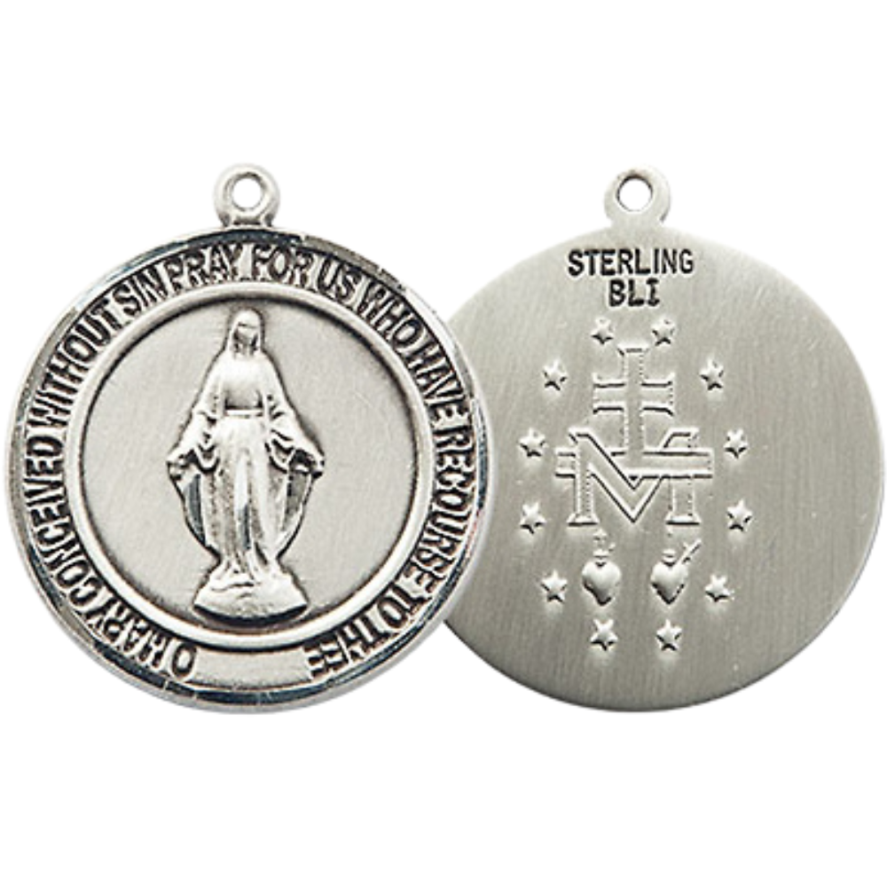 Everlasting Light Jewelry Medium Women's .925 Sterling Silver Miraculous Pendant Necklace – ¾” x ?” Miraculous Medal on 18 Inch Rhodium- Plated Lite Curb Brass Chain with Lobster Claw Clasp, Catholic Medal – Velvet Gift Box