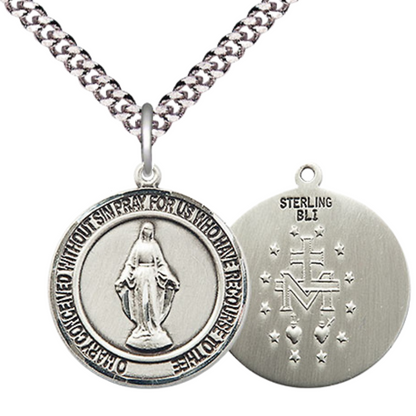 Mens Medium Round .925 Sterling Silver Miraculous Medal Pendant on 24 Inch Rhodium Plated Heavy Curb Brass Chain w/ Lobster Claw Clasp, Catholic Religious Necklace - Made in USA- Velvet Gift Box