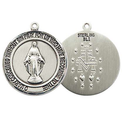Medium Men's .925 Sterling Silver Miraculous Medal Pendant on 24 Inch Endless Rhodium Plated Heavy Curb Brass Chain, Catholic Religious Necklace - Made in USA- Deluxe Velvet Gift Box