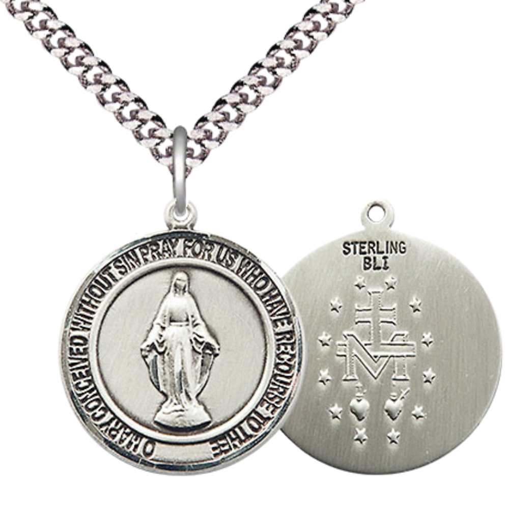 Medium Men's .925 Sterling Silver Miraculous Medal Pendant on 24 Inch Endless Rhodium Plated Heavy Curb Brass Chain, Catholic Religious Necklace - Made in USA- Deluxe Velvet Gift Box