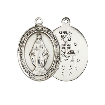 Medium Women's .925 Sterling Silver Miraculous Medal Pendant Necklace on 18 Inch Rhodium Plated Lite Curb Brass Chain – ¾ x ½ Medal, Catholic Medal – Velvet Gift Box Included – Ideal for Protection and Faith