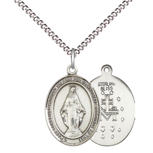 Medium Women's .925 Sterling Silver Miraculous Medal Pendant Necklace on 18 Inch Rhodium Plated Lite Curb Brass Chain – ¾ x ½ Medal, Catholic Medal – Velvet Gift Box Included – Ideal for Protection and Faith