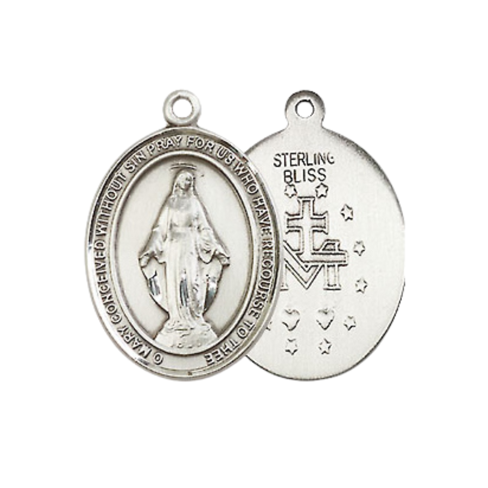 Mens Medium Oval .925 Sterling Silver Miraculous Medal Pendant on 24 Inch Rhodium Plated Heavy Curb Brass Chain w/ Lobster Claw Clasp, Catholic Religious Necklace - Made in USA- Velvet Gift Box