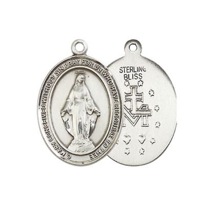 Mens Medium Oval .925 Sterling Silver Miraculous Medal Pendant on 24 Inch Rhodium Plated Heavy Curb Brass Chain w/ Lobster Claw Clasp, Catholic Religious Necklace - Made in USA- Velvet Gift Box