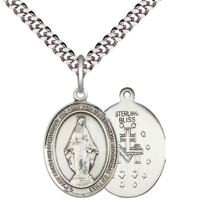 Everlasting Light Jewelry Medium Men's .925 Sterling Silver Miraculous Medal Pendant on 24 Inch Endless Rhodium Plated Heavy Curb Brass Chain, Catholic Religious Necklace - Made in USA- Deluxe Velvet Gift Box