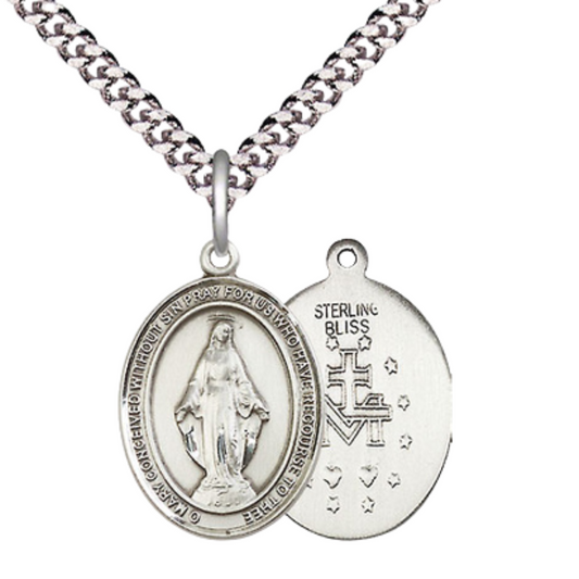 Everlasting Light Jewelry Medium Men's .925 Sterling Silver Miraculous Medal Pendant on 24 Inch Endless Rhodium Plated Heavy Curb Brass Chain, Catholic Religious Necklace - Made in USA- Deluxe Velvet Gift Box