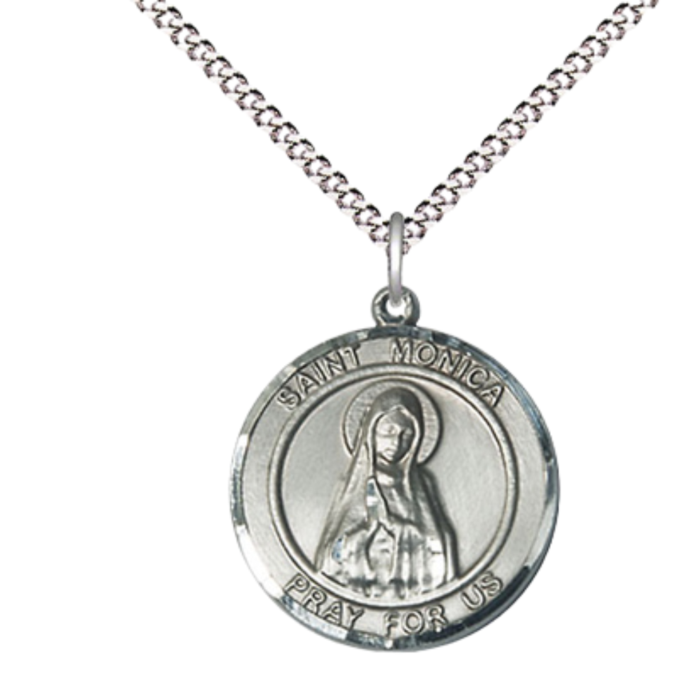 Medium Women's .925 Sterling Silver Saint St. Monica Pendant Necklace – ¾” x ?” Medal on 18 Inch Rhodium- Plated Lite Curb Brass Chain with Lobster Claw Clasp, Catholic Medal - Patron Saint. of Abuse Victims – Velvet Gift Box