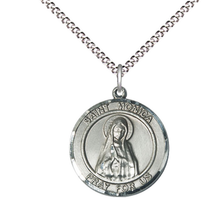 Medium Women's .925 Sterling Silver Saint St. Monica Pendant Necklace – ¾” x ?” Medal on 18 Inch Rhodium- Plated Lite Curb Brass Chain with Lobster Claw Clasp, Catholic Medal - Patron Saint. of Abuse Victims – Velvet Gift Box