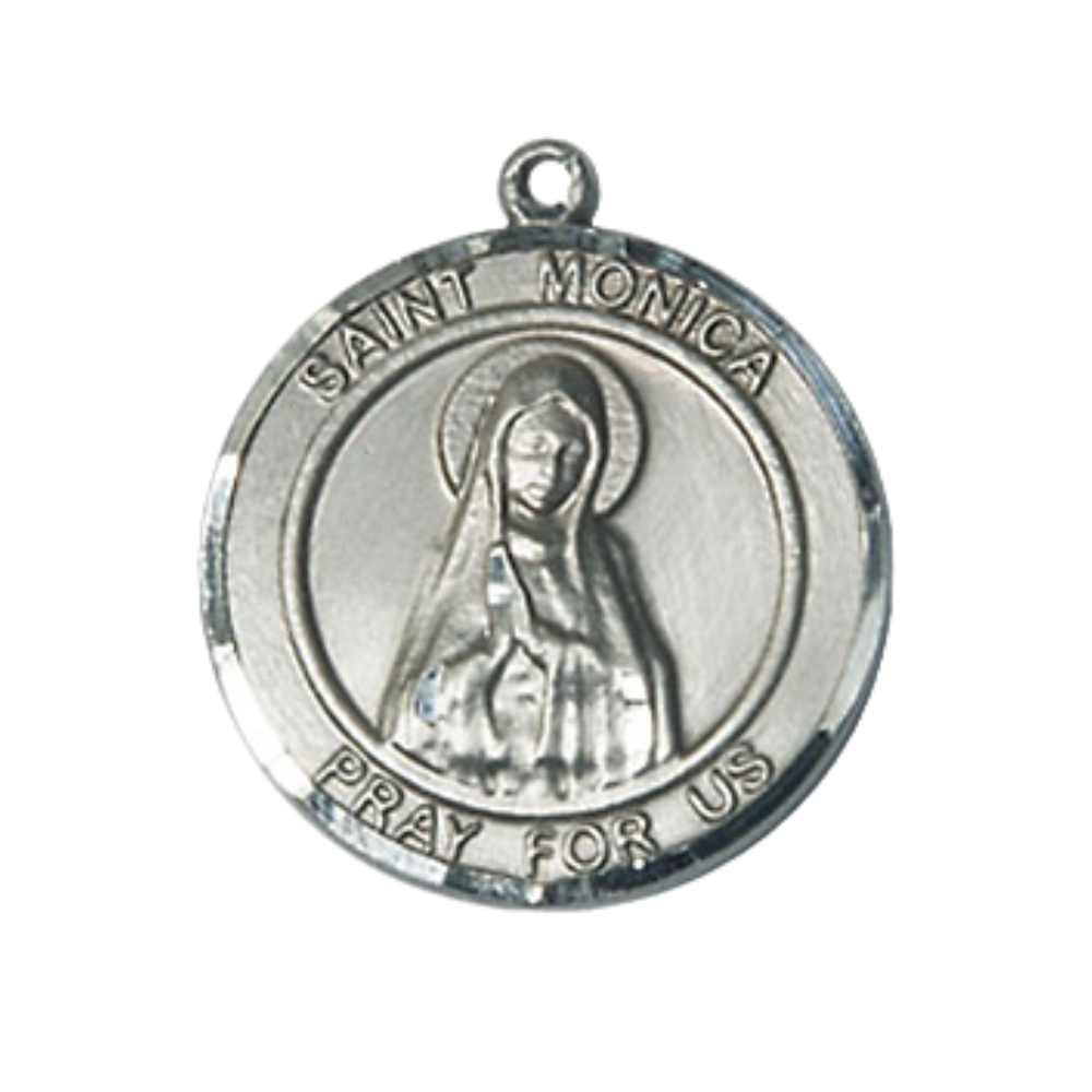 Mens Medium Round .925 Sterling Silver Saint St. Monica Medal Pendant on 24 Inch Rhodium Plated Heavy Curb Brass Chain w/ Lobster Claw Clasp, Catholic Religious Necklace - Made in USA- Velvet Gift Box