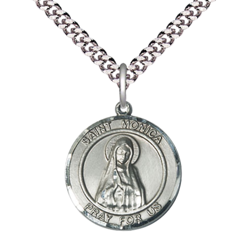 Medium Men's .925 Sterling Silver Saint St. Monica Medal Pendant on 24 Inch Endless Rhodium Plated Heavy Curb Brass Chain, Catholic Religious Necklace - Made in USA- Deluxe Velvet Gift Box
