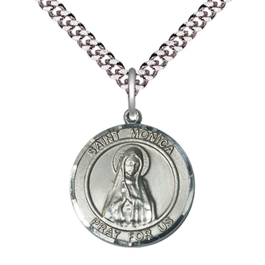 Medium Men's .925 Sterling Silver Saint St. Monica Medal Pendant on 24 Inch Endless Rhodium Plated Heavy Curb Brass Chain, Catholic Religious Necklace - Made in USA- Deluxe Velvet Gift Box