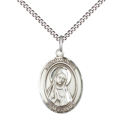 .925 Sterling Silver Saint St. Monica Medal Pendant on 18 Inch Rhodium Plated Lite Curb Brass Chain with Lobster Claw Clasp, Catholic Religious Necklace - Made in USA- Prayer Card Included