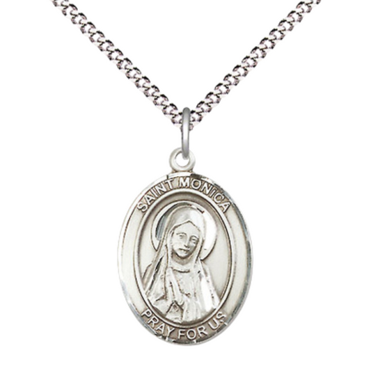 Everlasting Light Jewelry Medium Women's Pewter Saint St. Monica Pendant Necklace on 18- inch Rhodium- Plated Lite Curb Brass Chain – Patron Saint St. of Abuse Victims, Catholic Medal – Velvet Gift Box Included