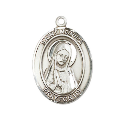 Mens Medium Oval Pewter Saint St. Monica Medal Pendant on 24 Inch Rhodium Plated Heavy Curb Brass Chain with Lobster Claw Clasp, Catholic Religious Necklace - Made in USA- Deluxe Velvet Gift Box