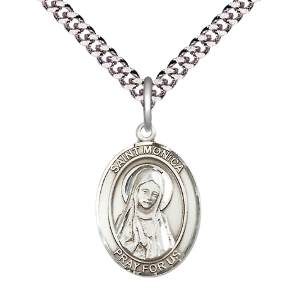Everlasting Light Jewelry Medium Men's Pewter Saint St.Monica Medal Pendant on 24 Inch Endless Rhodium Plated Heavy Curb Brass Chain, Catholic Religious Necklace -Made in USA- Deluxe Velvet Gift Box