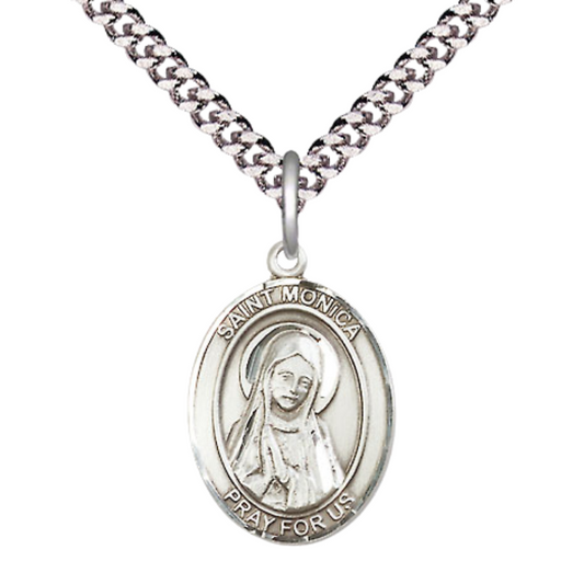 Everlasting Light Jewelry Medium Men's Pewter Saint St.Monica Medal Pendant on 24 Inch Endless Rhodium Plated Heavy Curb Brass Chain, Catholic Religious Necklace -Made in USA- Deluxe Velvet Gift Box