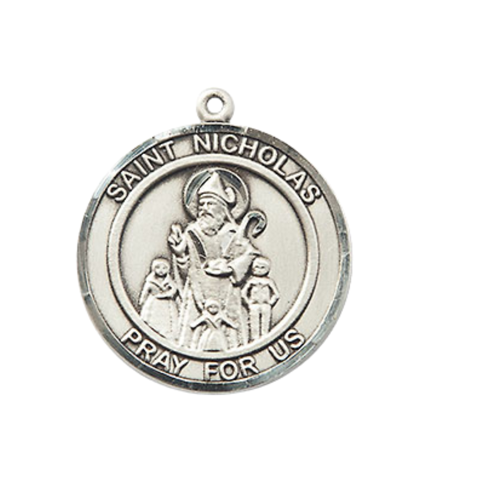Medium Women's .925 Sterling Silver Saint St. Nicholas Pendant Necklace – ¾” x ?” Medal on 18 Inch Rhodium- Plated Lite Curb Brass Chain with Lobster Claw Clasp, Catholic Medal - Patron Saint. of Bakers, Brides & Young – Velvet Gift Box