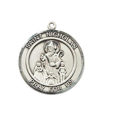 Medium Women's .925 Sterling Silver Saint St. Nicholas Pendant Necklace – ¾” x ?” Medal on 18 Inch Rhodium- Plated Lite Curb Brass Chain with Lobster Claw Clasp, Catholic Medal - Patron Saint. of Bakers, Brides & Young – Velvet Gift Box