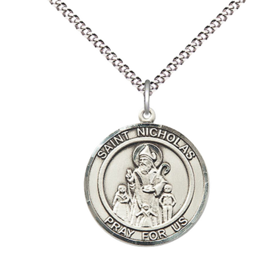 Medium Women's Pewter Saint St. Nicholas Medal Pendant on 18 Inch Rhodium Plated Lite Curb Brass Chain w/Lobster Claw clasp, Catholic Religious Necklace - Made in USA - Deluxe Velvet Gift Box