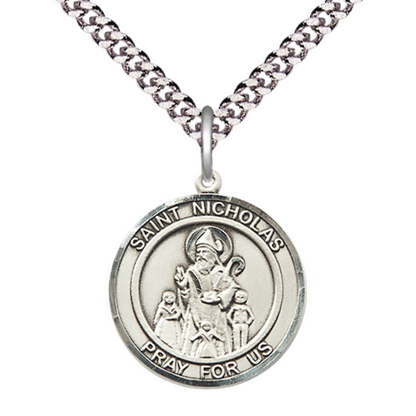 Mens Medium Round Pewter Saint St. Nicholas Medal Pendant on 24 Inch Rhodium Plated Heavy Curb Brass Chain with Lobster Claw Clasp, Catholic Religious Necklace - Made in USA- Deluxe Velvet Gift Box
