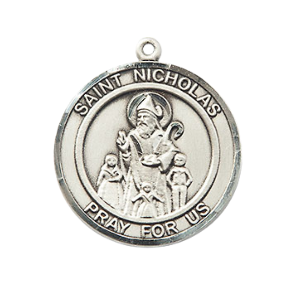 Mens Medium Round Pewter Saint St. Nicholas Medal Pendant on 24 Inch Rhodium Plated Heavy Curb Brass Chain with Lobster Claw Clasp, Catholic Religious Necklace - Made in USA- Deluxe Velvet Gift Box