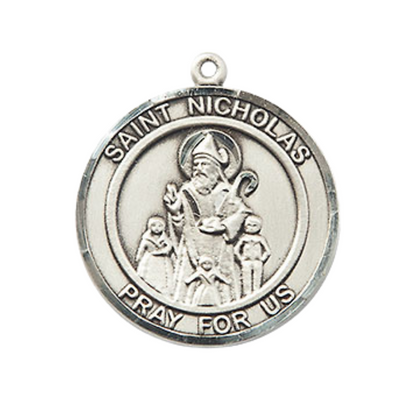 .925 Sterling Silver Saint St. Nicholas Medal Pendant on 24 Inch Endless Rhodium Plated Heavy Curb Brass Chain, Catholic Religious Necklace - Made in USA- Deluxe Velvet Gift Box
