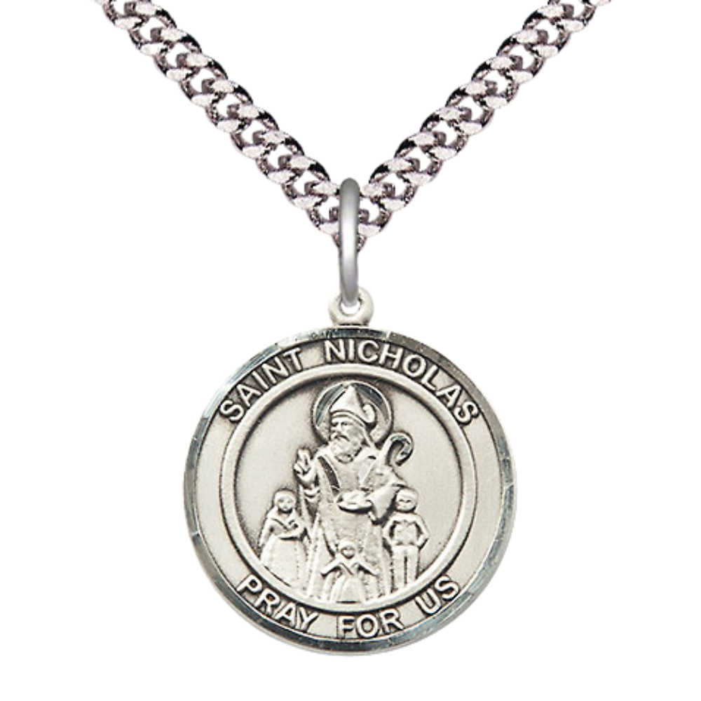 .925 Sterling Silver Saint St. Nicholas Medal Pendant on 24 Inch Endless Rhodium Plated Heavy Curb Brass Chain, Catholic Religious Necklace - Made in USA- Deluxe Velvet Gift Box