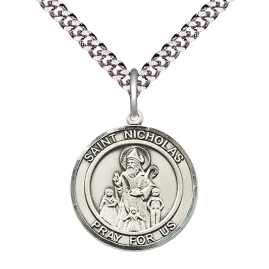 Men's Pewter Saint St. Nicholas Round Medium Medal Pendant on 24 Inch Endless Rhodium Plated Heavy Curb Brass Chain, Catholic Religious Necklace - Made in USA- Deluxe Velvet Gift Box