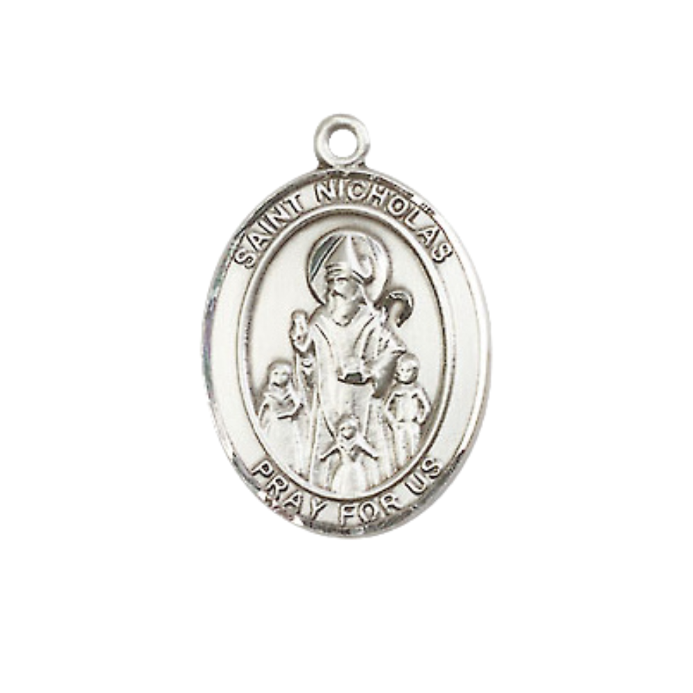 Medium Women's .925 Sterling Silver Saint St. Nicholas Pendant Necklace on 18 Inch Rhodium Plated Lite Curb Brass Chain – ¾ x ½ Medal – Patron Saint St. of Bakers, Brides & Young, Catholic Medal – Velvet Gift Box Included