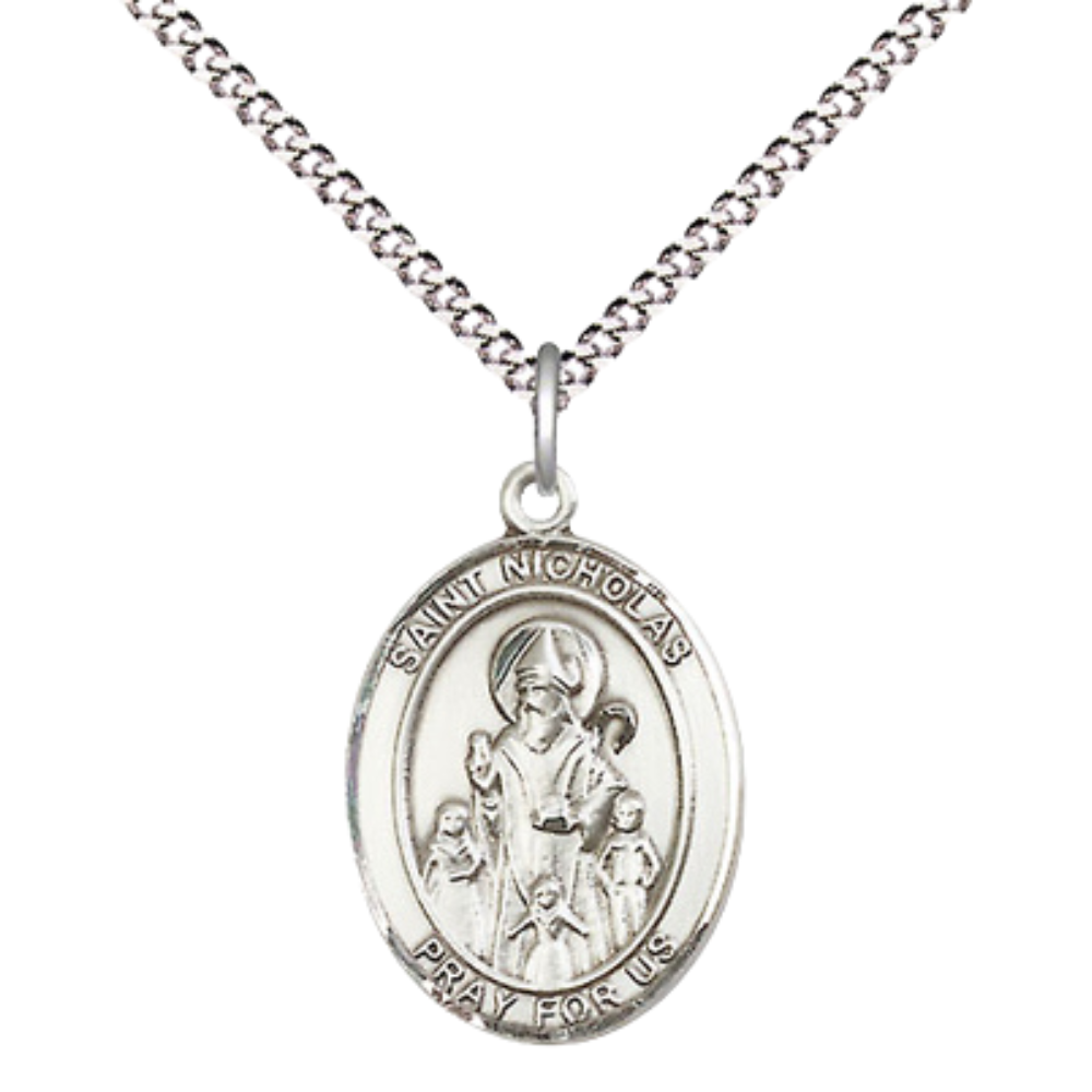Medium Women's Pewter Saint Nicholas Pendant Necklace on 18-inch Rhodium-Plated Lite Curb Brass Chain – Patron Saint of Bakers, Brides, and Young Offspring– Velvet Gift Box Included
