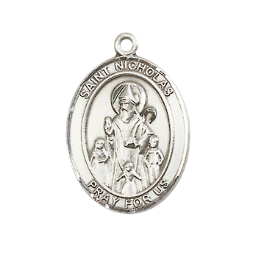 Men's Pewter Saint St. Nicholas Oval Medium Medal Pendant on 24 Inch Endless Rhodium Plated Heavy Curb Brass Chain, Catholic Religious Necklace - Made in USA- Deluxe Velvet Gift Box