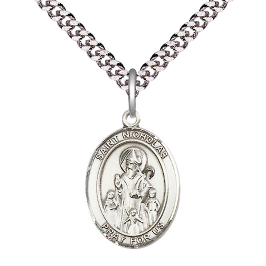 .925 Sterling Silver Saint St.Nicholas Medal Pendant on 24 Inch Endless Rhodium Plated Heavy Curb Brass Chain, Catholic Religious Necklace -Made in USA- Deluxe Velvet Gift Box