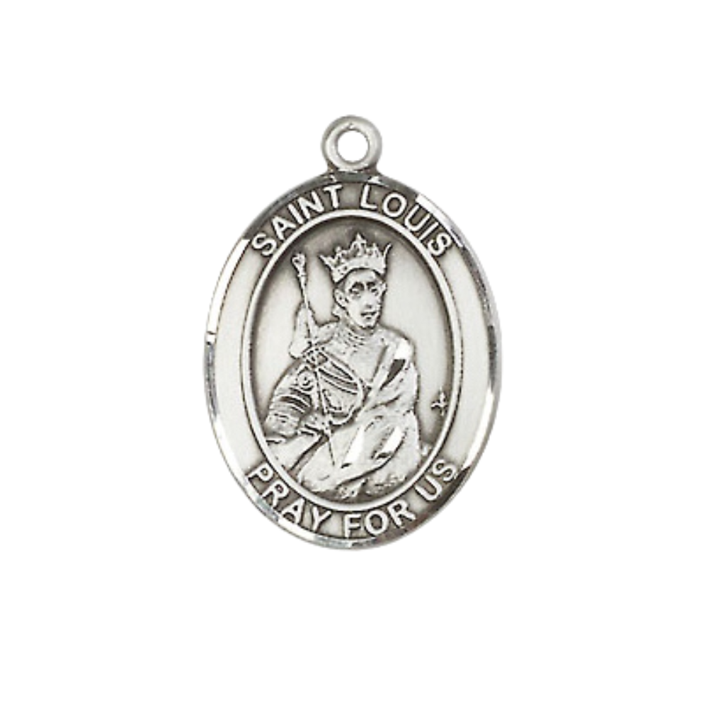 Everlasting Light Jewelry Medium Women's Pewter Saint St. Louis Pendant Necklace on 18- inch Rhodium- Plated Lite Curb Brass Chain – Patron Saint St. of Builders and Parenthood, Catholic Medal – Velvet Gift Box Included