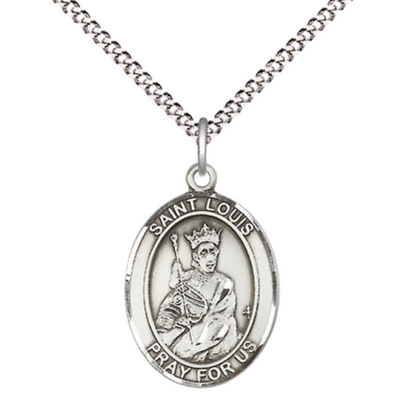Everlasting Light Jewelry Medium Women's Pewter Saint St. Louis Pendant Necklace on 18- inch Rhodium- Plated Lite Curb Brass Chain – Patron Saint St. of Builders and Parenthood, Catholic Medal – Velvet Gift Box Included