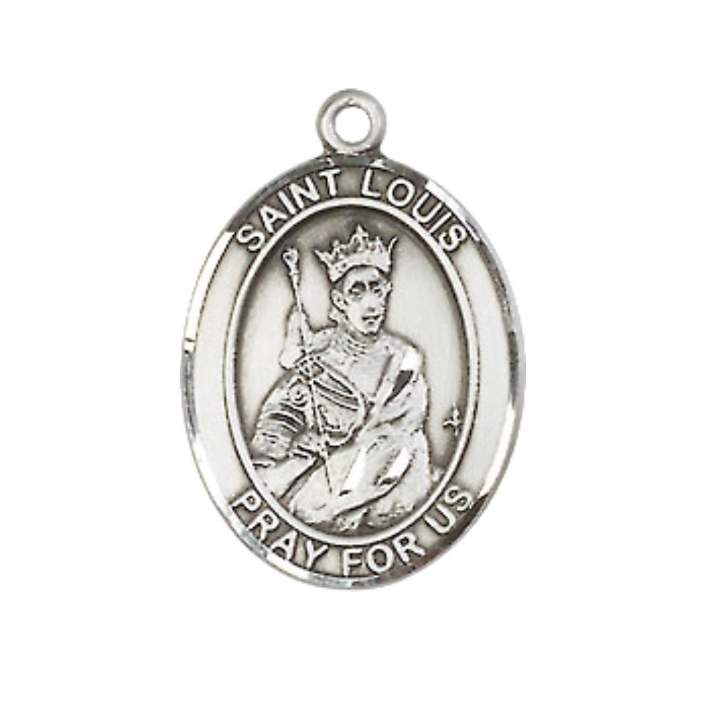 Mens Medium Oval Pewter Saint Louis Medal Pendant on 24 Inch Rhodium Plated Heavy Curb Brass Chain with Lobster Claw Clasp, Catholic Religious Necklace -Made in USA- Deluxe Velvet Gift Box