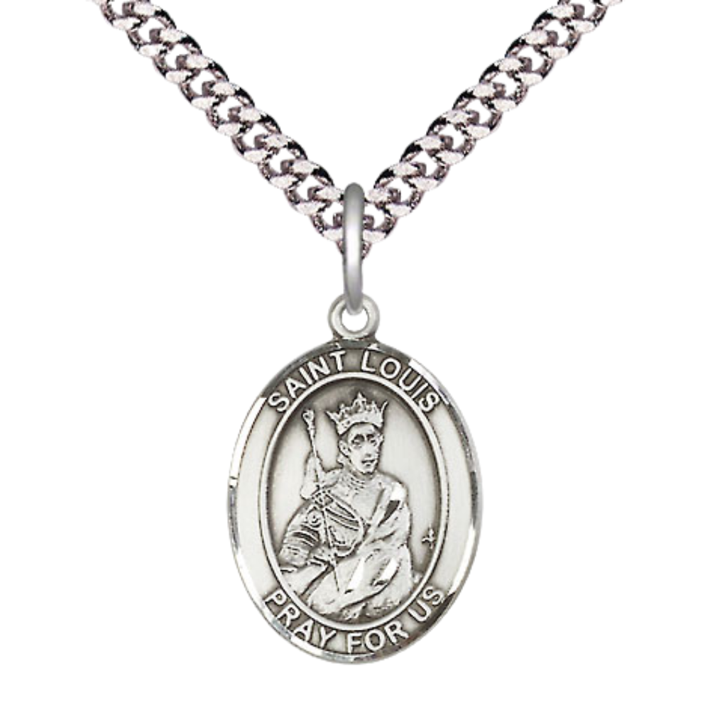 Everlasting Light Jewelry Medium Men's Pewter Saint St. Louis Medal Pendant on 24 Inch Endless Rhodium Plated Heavy Curb Brass Chain, Catholic Religious Necklace - Made in USA- Deluxe Velvet Gift Box